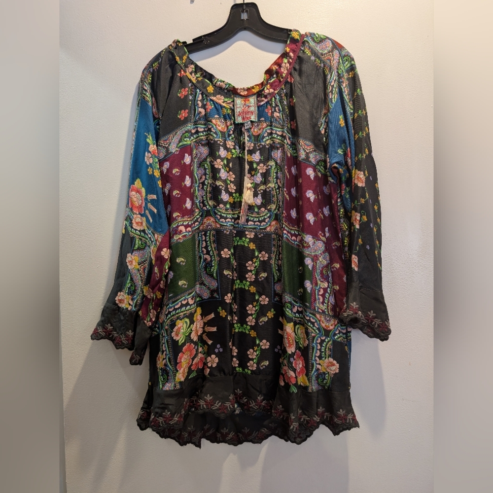 Johnny Was Paisley Silk Embroidery Patchwork Blouse